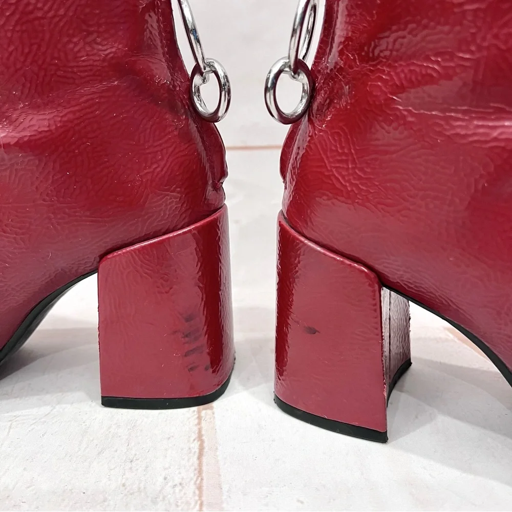 Zara Bloggers Favorite Retro Red Crinkled Patent Leather Block Heel Ankle Boots